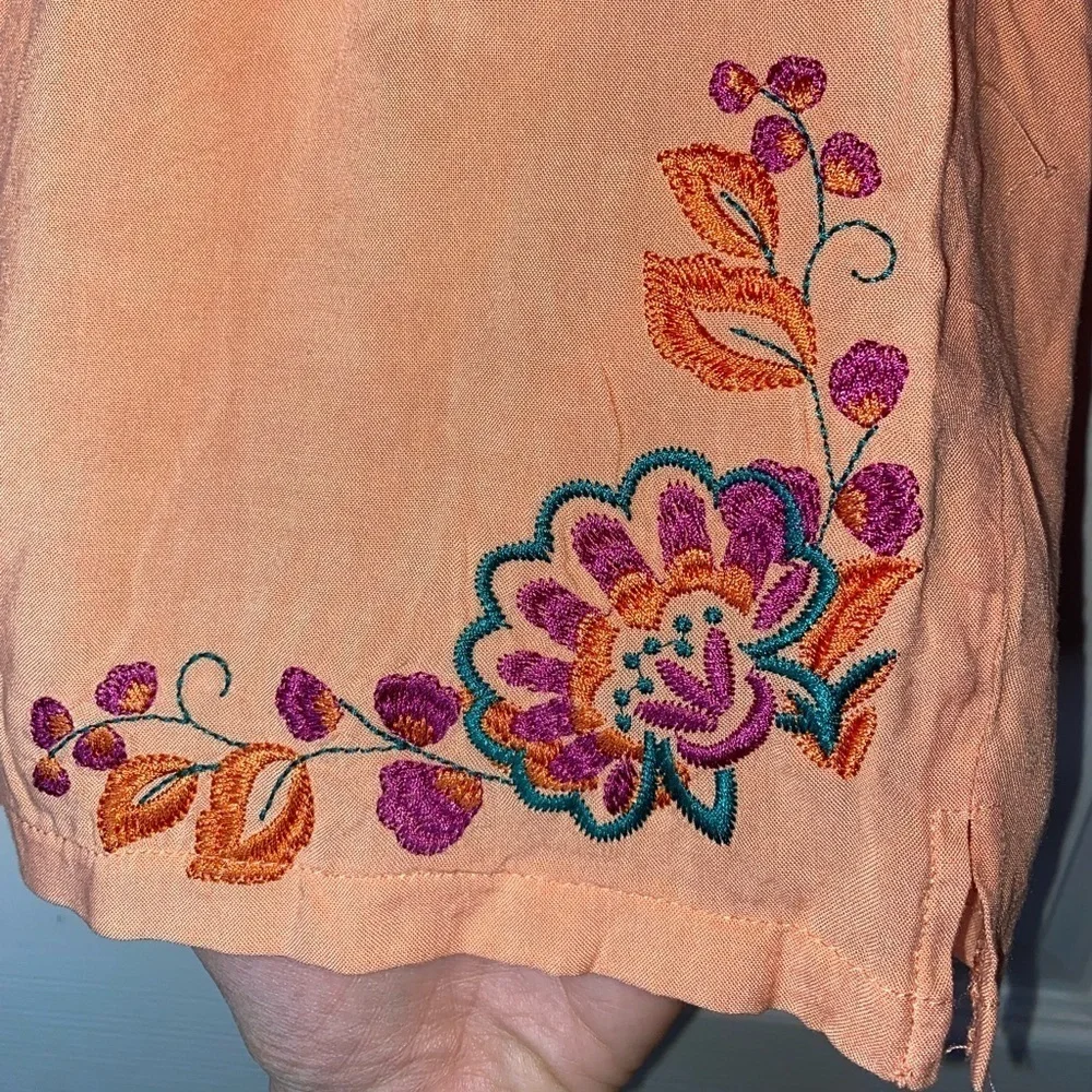 Peach Orange Shorts with Bohemian Floral Embroidery, Beach Shorts, size M